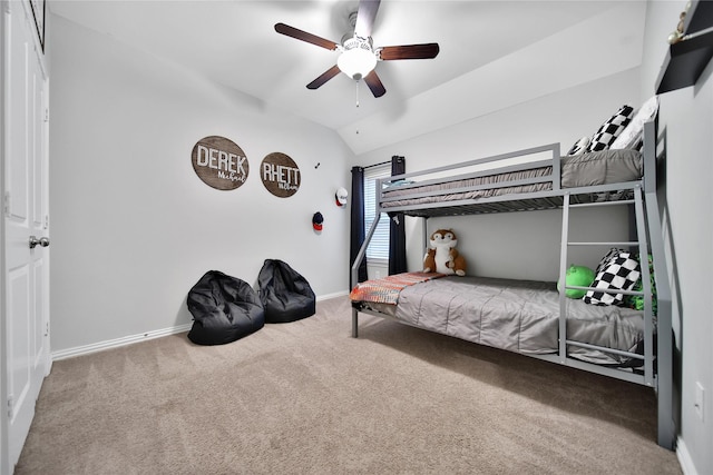 7411 Nottington Ct, Spring, TX 77379 - bedroom featuring carpet floors, lofted ceiling, and a ceiling fan