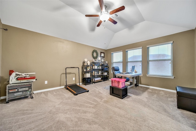 7411 Nottington Ct, Spring, TX 77379 - carpeted office space featuring a ceiling fan and vaulted ceiling