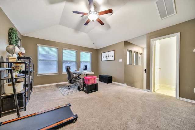 7411 Nottington Ct, Spring, TX 77379 - exercise area with ceiling fan, carpet, and lofted ceiling