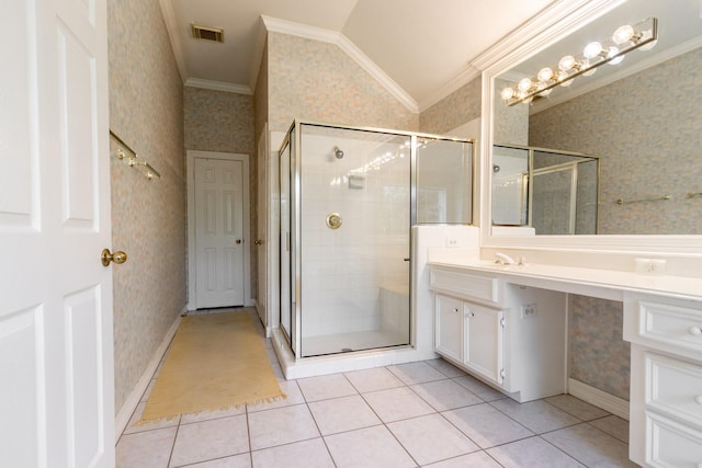 2107 Enchanted Lake Dr, League City, TX 77573 - full bathroom featuring wallpapered walls, ornamental molding, vanity, a stall shower, and tile patterned floors