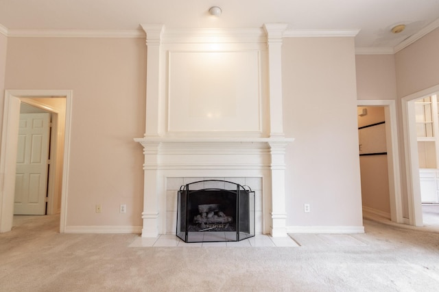 2107 Enchanted Lake Dr, League City, TX 77573 - unfurnished living room featuring carpet, crown molding, a fireplace, and baseboards