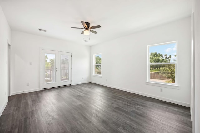 5608 Hollow Pines Dr, Houston, TX 77049 - empty room featuring french doors, a ceiling fan, and dark wood finished floors