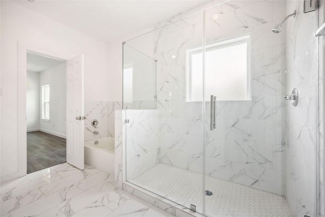 5608 Hollow Pines Dr, Houston, TX 77049 - bathroom featuring a marble finish shower, a garden tub, and marble finish flooring