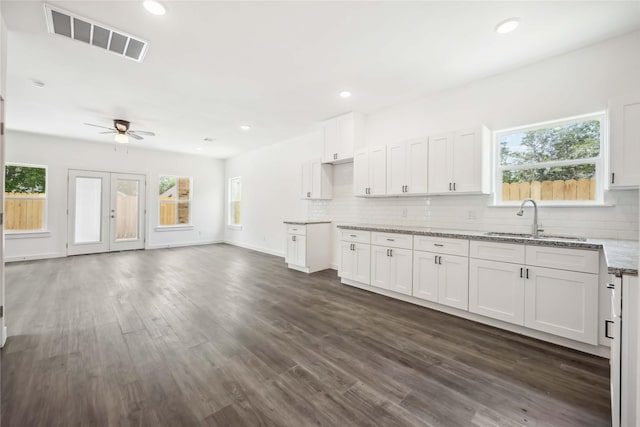 5608 Hollow Pines Dr, Houston, TX 77049 - kitchen with a sink, tasteful backsplash, a ceiling fan, light stone countertops, and white cabinets