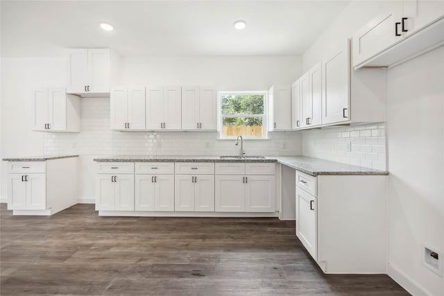 5608 Hollow Pines Dr, Houston, TX 77049 - kitchen with light stone counters, decorative backsplash, white cabinetry, recessed lighting, and dark wood-style flooring