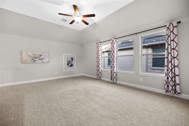 3507 Canyon Branch Ln, Fulshear, TX 77441 - empty room featuring a ceiling fan, carpet flooring, baseboards, and vaulted ceiling