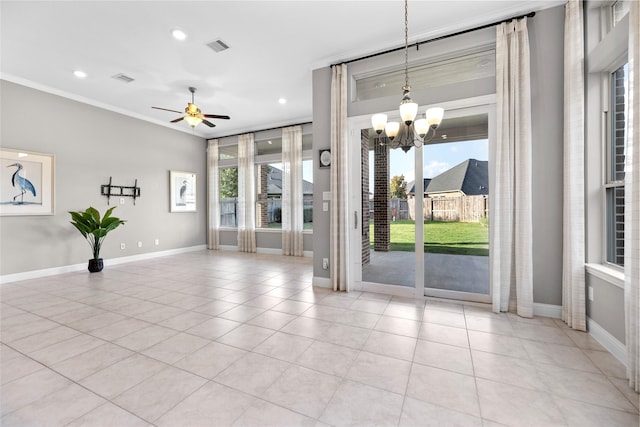 3507 Canyon Branch Ln, Fulshear, TX 77441 - unfurnished room with a chandelier, ornamental molding, baseboards, light tile patterned flooring, and recessed lighting