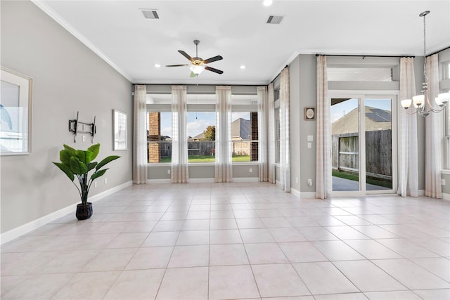 3507 Canyon Branch Ln, Fulshear, TX 77441 - tiled spare room featuring a ceiling fan, crown molding, healthy amount of natural light, baseboards, and recessed lighting