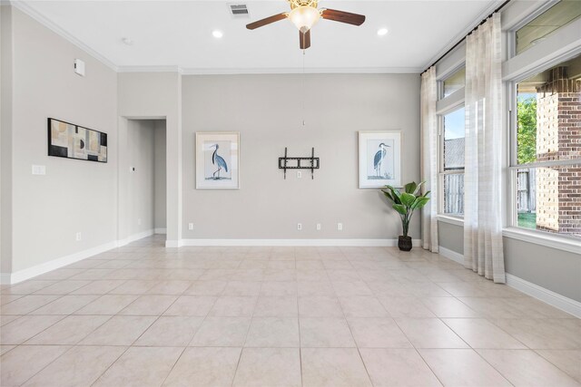 3507 Canyon Branch Ln, Fulshear, TX 77441 - spare room with ceiling fan, crown molding, light tile patterned flooring, baseboards, and recessed lighting