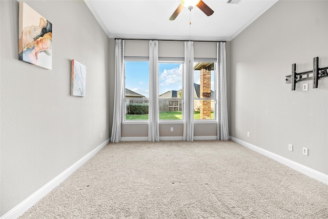3507 Canyon Branch Ln, Fulshear, TX 77441 - empty room with ceiling fan, ornamental molding, carpet floors, plenty of natural light, and baseboards