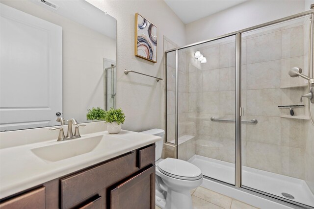 3507 Canyon Branch Ln, Fulshear, TX 77441 - bathroom featuring toilet, tile patterned floors, a stall shower, and vanity