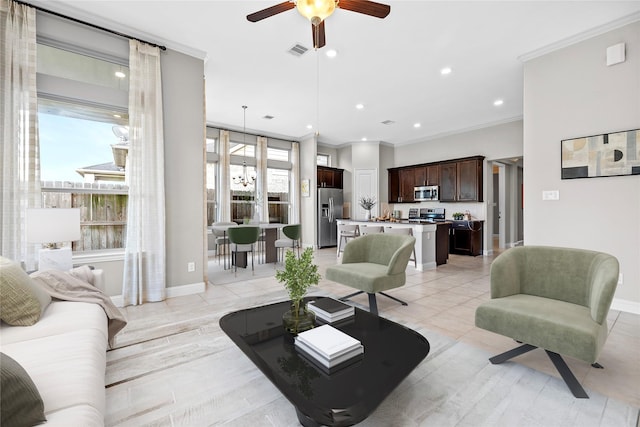 3507 Canyon Branch Ln, Fulshear, TX 77441 - living area featuring crown molding, ceiling fan, recessed lighting, and baseboards