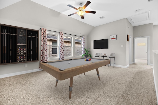 3507 Canyon Branch Ln, Fulshear, TX 77441 - recreation room featuring attic access, carpet, lofted ceiling, ceiling fan, and baseboards