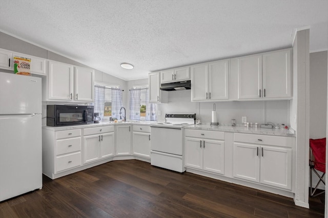 497 Rd 5603, Cleveland, TX 77327 - kitchen featuring white appliances, under cabinet range hood, white cabinetry, dark wood-style floors, and light countertops