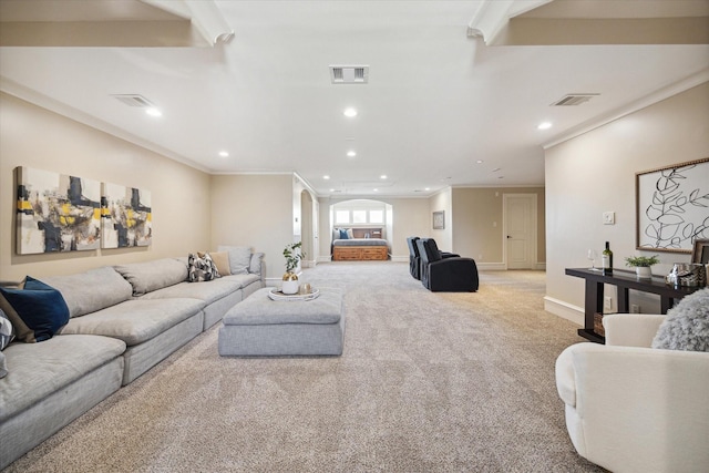 3822 Drummond St, Houston, TX 77025 - carpeted living area with ornamental molding, arched walkways, recessed lighting, and baseboards