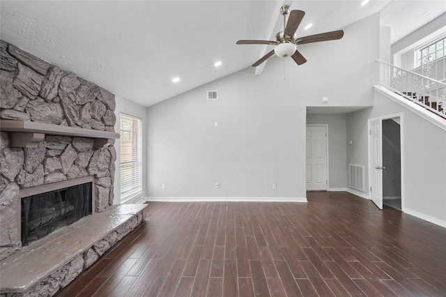 2251 Middle Creek Dr, Houston, TX 77339 - unfurnished living room with high vaulted ceiling, baseboards, a fireplace, stairs, and ceiling fan