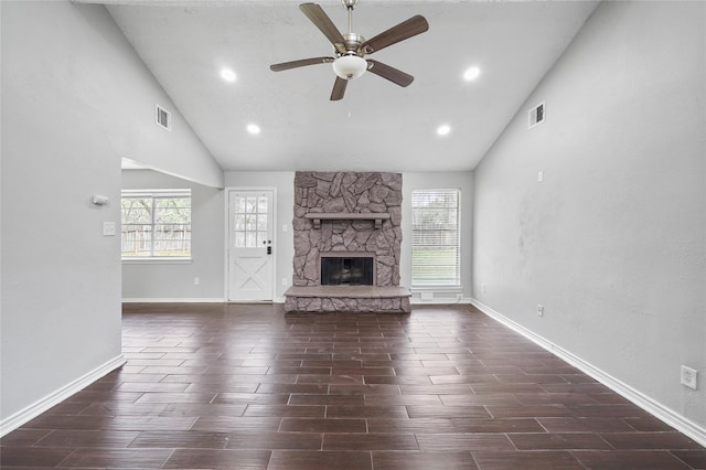 2251 Middle Creek Dr, Houston, TX 77339 - unfurnished living room with a ceiling fan, wood tiled floors, a fireplace, high vaulted ceiling, and recessed lighting
