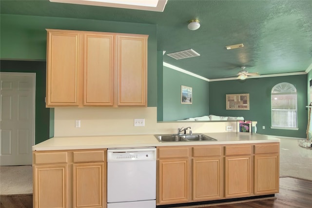 6819 Olympia Dr, Pasadena, TX 77505 - kitchen with dishwasher, light brown cabinetry, a sink, dark wood-style flooring, and crown molding
