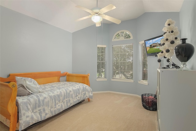 6819 Olympia Dr, Pasadena, TX 77505 - carpeted bedroom with vaulted ceiling, multiple windows, baseboards, and a ceiling fan