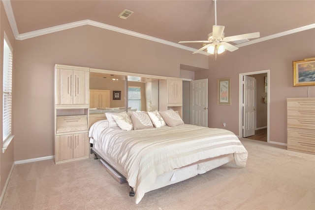6819 Olympia Dr, Pasadena, TX 77505 - bedroom featuring ornamental molding, light carpet, vaulted ceiling, baseboards, and a ceiling fan