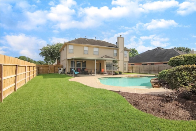 6819 Olympia Dr, Pasadena, TX 77505 - back of house with a patio area, a chimney, stucco siding, and a ceiling fan