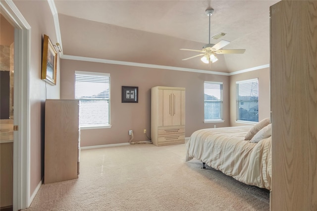 6819 Olympia Dr, Pasadena, TX 77505 - bedroom featuring ornamental molding, light carpet, baseboards, and ceiling fan