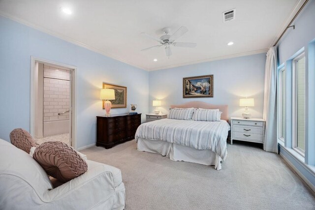 6000 Sugar Hill Dr Unit 1, Houston, TX 77057 - bedroom featuring light carpet, ornamental molding, ensuite bathroom, baseboards, and recessed lighting