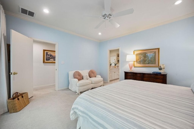 6000 Sugar Hill Dr Unit 1, Houston, TX 77057 - bedroom featuring light colored carpet, crown molding, recessed lighting, ensuite bath, and baseboards