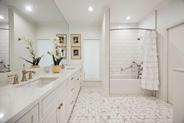 6000 Sugar Hill Dr Unit 1, Houston, TX 77057 - bathroom featuring double vanity, shower / bathtub combination with curtain, recessed lighting, and ornamental molding