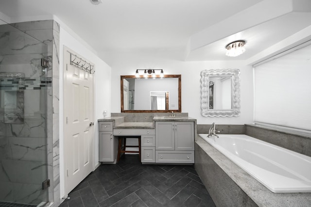 7410 Lassiter Hollow Ln, Richmond, TX 77407 - full bathroom featuring a bath, a marble finish shower, and vanity