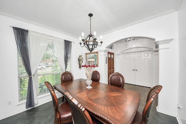 7410 Lassiter Hollow Ln, Richmond, TX 77407 - dining space with arched walkways, a chandelier, and crown molding