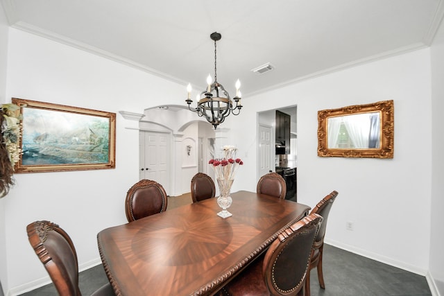 7410 Lassiter Hollow Ln, Richmond, TX 77407 - dining space with a chandelier, crown molding, arched walkways, and dark colored carpet
