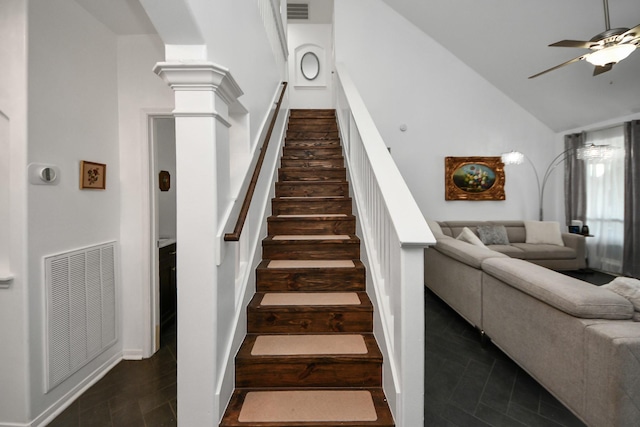 7410 Lassiter Hollow Ln, Richmond, TX 77407 - stairway with a ceiling fan and high vaulted ceiling