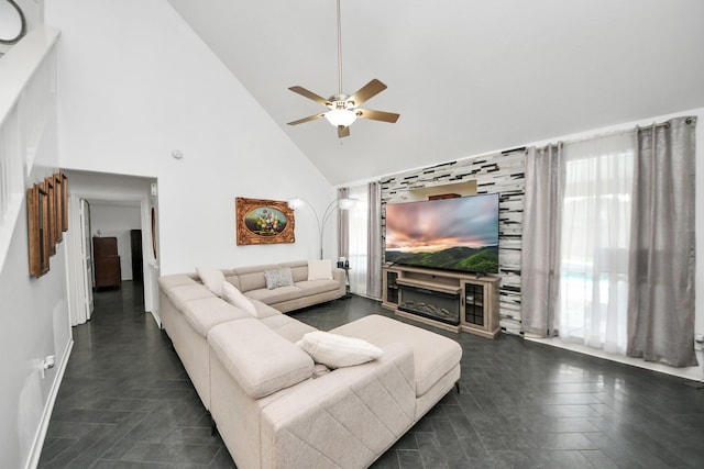 7410 Lassiter Hollow Ln, Richmond, TX 77407 - living area with high vaulted ceiling, plenty of natural light, and a ceiling fan