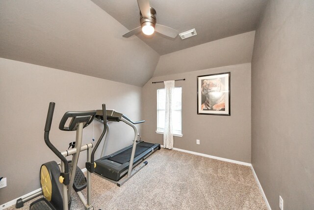 7410 Lassiter Hollow Ln, Richmond, TX 77407 - workout room featuring ceiling fan, lofted ceiling, and carpet floors