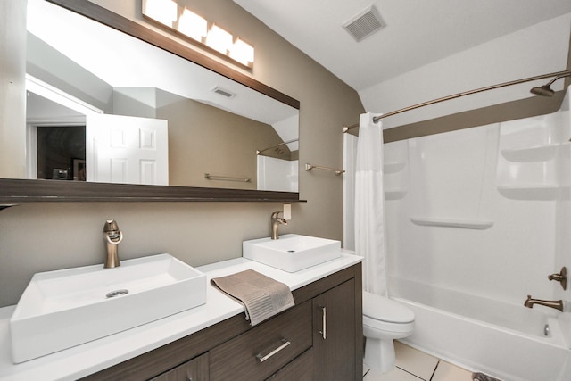 7410 Lassiter Hollow Ln, Richmond, TX 77407 - full bathroom with double vanity, shower / tub combo with curtain, and tile patterned floors