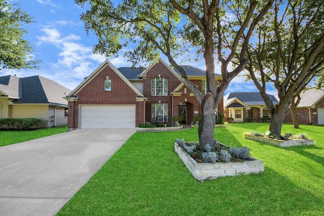 7410 Lassiter Hollow Ln, Richmond, TX 77407 - view of front facade with concrete driveway, brick siding, a front lawn, and a garage