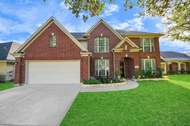 7410 Lassiter Hollow Ln, Richmond, TX 77407 - traditional-style home with a front lawn, driveway, brick siding, an attached garage, and a shingled roof