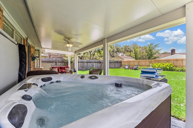 1926 Meadow Creek Dr, Pearland, TX 77581 - view of patio / terrace featuring a hot tub and a ceiling fan