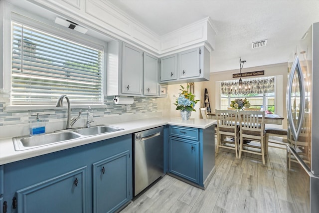 1926 Meadow Creek Dr, Pearland, TX 77581 - kitchen featuring stainless steel appliances, blue cabinets, a sink, light wood-type flooring, and backsplash