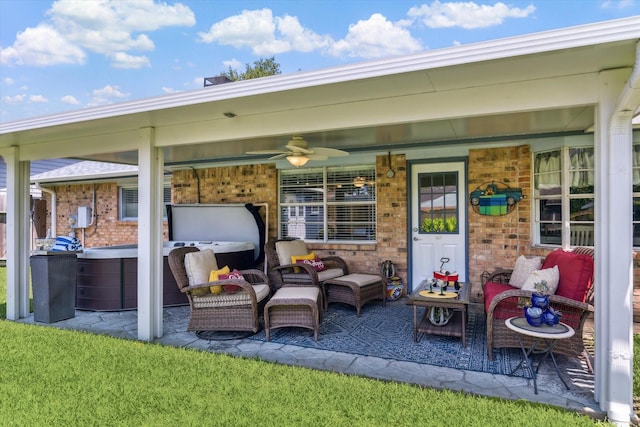 1926 Meadow Creek Dr, Pearland, TX 77581 - view of patio with ceiling fan, a hot tub, and an outdoor hangout area