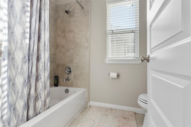 20714 Fertile Valley Ln, Richmond, TX 77407 - bathroom with shower / bathtub combination with curtain, tile patterned flooring, toilet, baseboards, and healthy amount of natural light