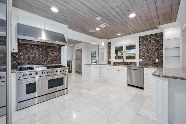 4031 Fernwood Dr, Houston, TX 77021 - kitchen featuring stainless steel appliances, wall chimney exhaust hood, a peninsula, white cabinetry, and wood ceiling