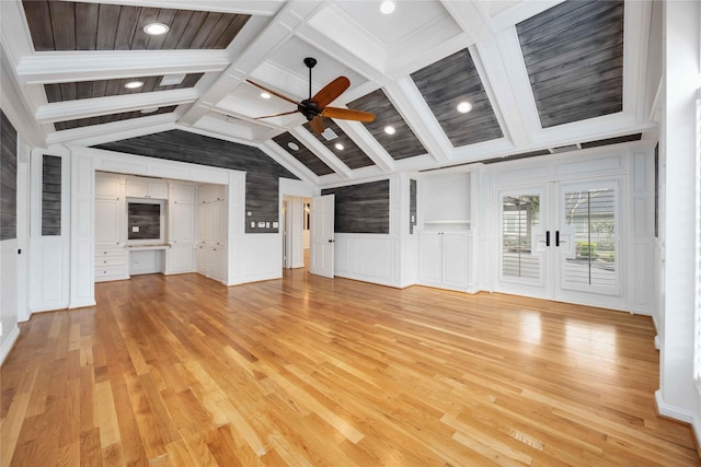 4031 Fernwood Dr, Houston, TX 77021 - unfurnished living room with a decorative wall, light wood-type flooring, ceiling fan, recessed lighting, and a wainscoted wall