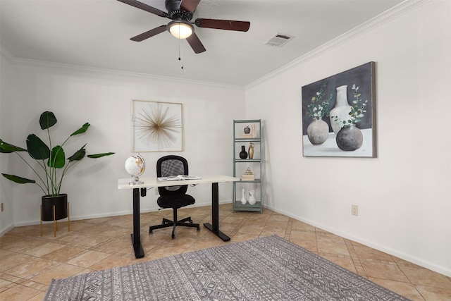 939 Mulberry Ridge Way, Houston, TX 77062 - office featuring crown molding, a ceiling fan, and baseboards
