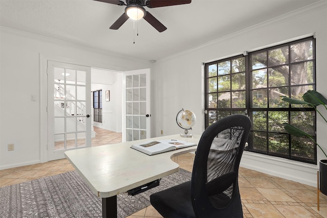 939 Mulberry Ridge Way, Houston, TX 77062 - office space featuring ornamental molding, french doors, healthy amount of natural light, ceiling fan, and light tile patterned floors