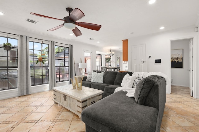 939 Mulberry Ridge Way, Houston, TX 77062 - living room featuring a chandelier, recessed lighting, a ceiling fan, and light tile patterned flooring