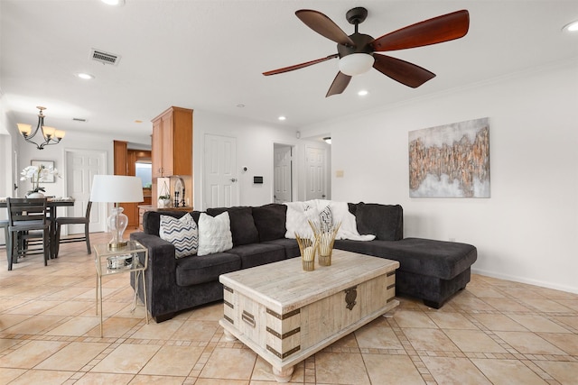 939 Mulberry Ridge Way, Houston, TX 77062 - living area featuring inlaid floor details, recessed lighting, ceiling fan, baseboards, and a chandelier