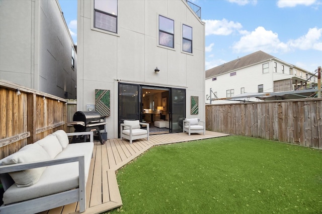 823 Aurora St, Houston, TX 77009 - rear view of property featuring a deck, an outdoor hangout area, and stucco siding