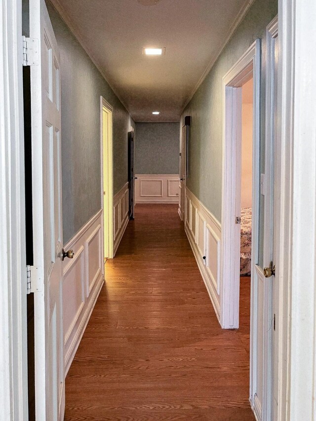 409 W Collier St, Jasper, TX 75951 - hallway with dark wood-style floors, a decorative wall, crown molding, and wainscoting
